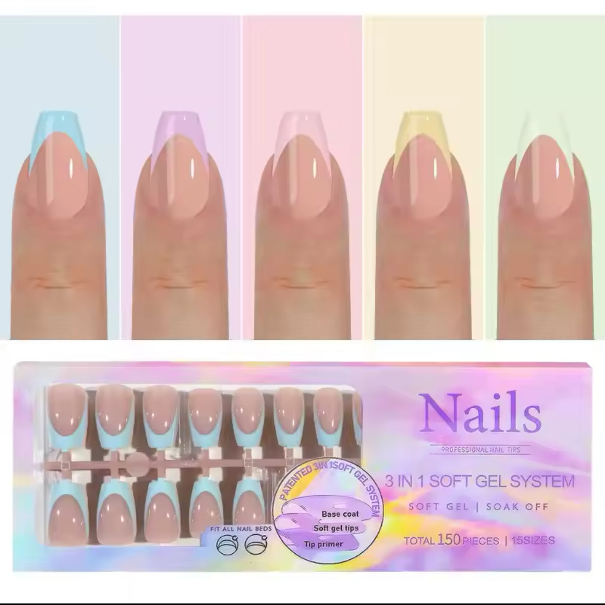 NAILS 3 IN 1 SOFT GEL SYSTEM 15 SIZES -150 PCS - Secret Nail & Beauty Supply