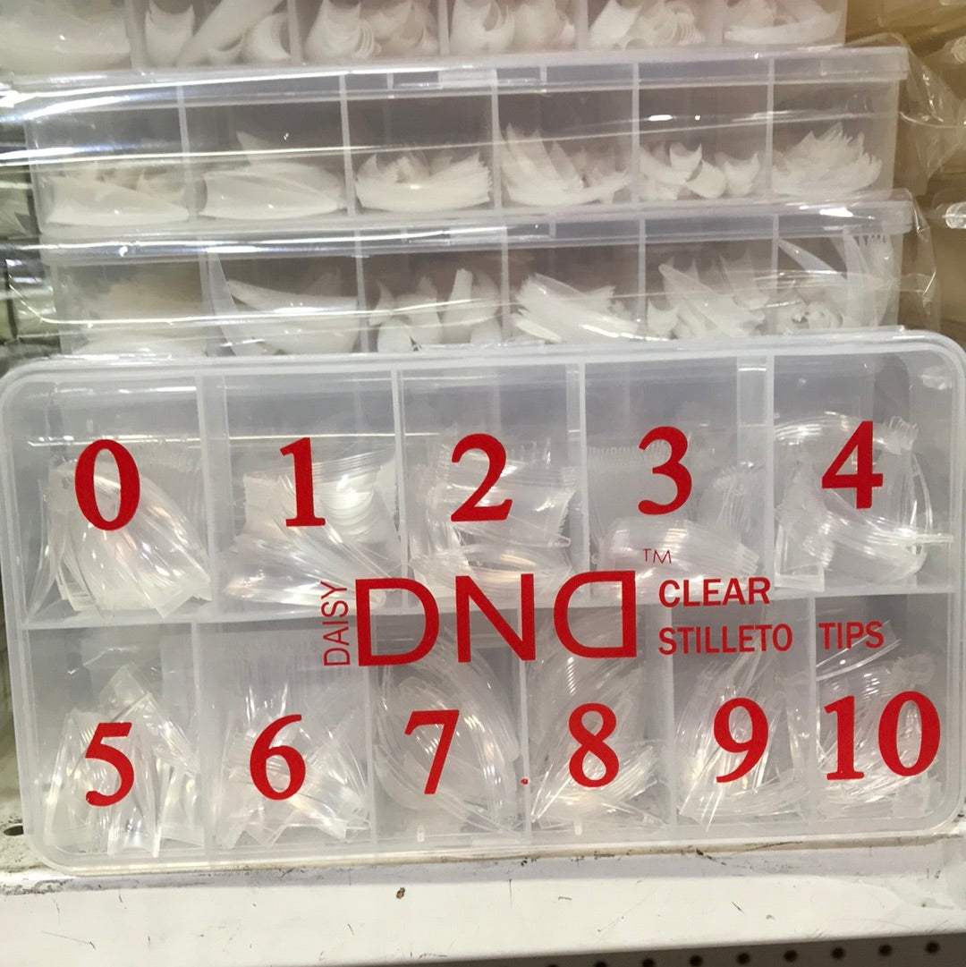 DND CLEAR STILLETO TIPS ( 0-10 ) 550/BOX - Secret Nail & Beauty Supply